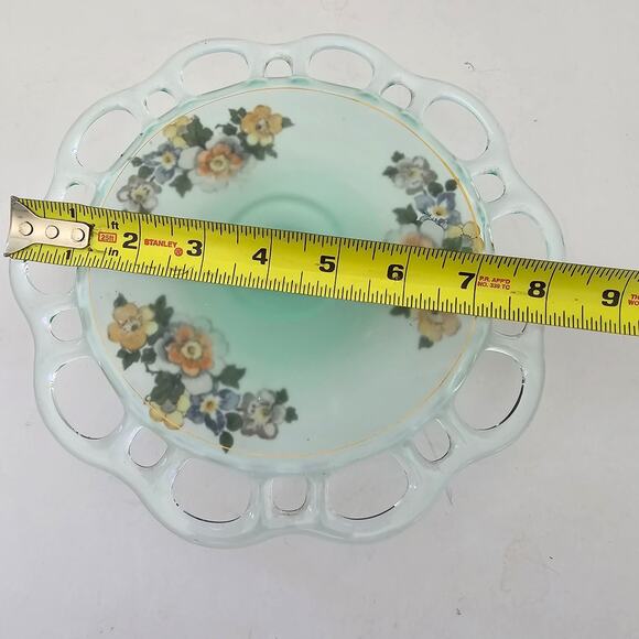 Lancaster Glass Footed Plate Green Satin Glass Open Lace Reverse Painted Floral - Picture 12 of 12